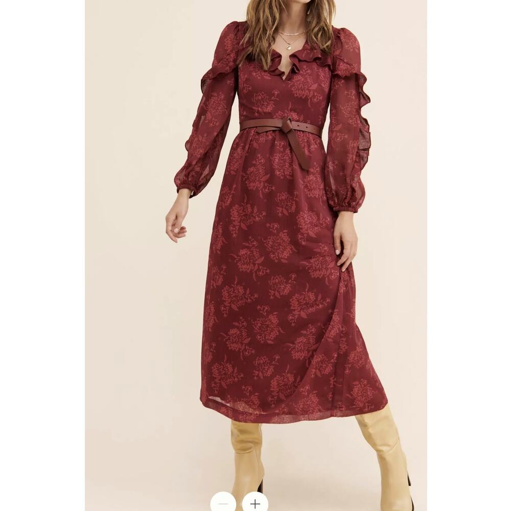 Steel Blue Burgundy Floral Midi Dress